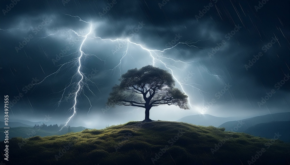 Fototapeta premium Einzelner Baum auf Hügel im Hintergrund Unwetter mit Blitz Dunkle Wolke Sturm