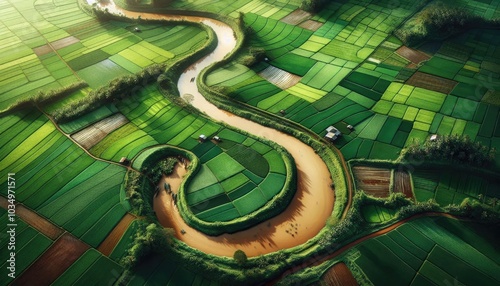 Aerial View of Lush Green Rice Fields with a Winding Canal, Showcasing the Precision of Sustainable Agriculture and the Natural Beauty of Rural Landscapes in Varying Shades of Green