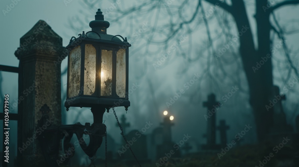 A foggy graveyard with eerie lanterns flickering, creating a dark, mysterious atmosphere perfect for Halloween or horror-themed projects. A foggy graveyard with eerie lanterns flickering, creating a dark, mysterious atmosphere perfect for Halloween or horror-themed projects.