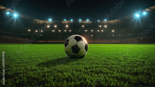 Soccer Ball on a Football Field Under the Lights