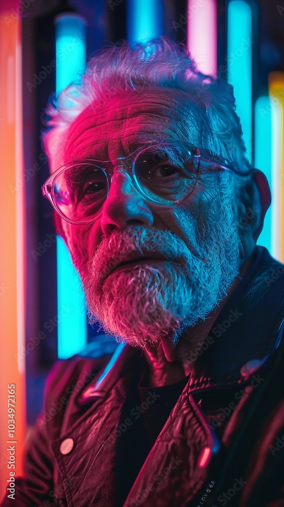 Fototapeta premium Creative portrait of a senior man with neon lights