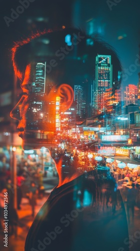 Double Exposure of a Man's Silhouette with Vibrant Cityscape