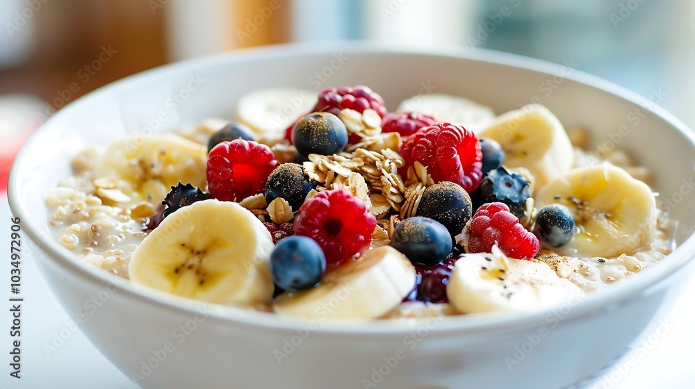 A nutritious and filling meal is an oats dish with granola roasted chia seeds bananas and wild berries A nutritious and filling meal is an oats dish with granola roasted chia seeds bananas and wild berries