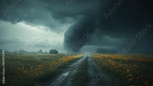 A dirt road leads towards a lone house in a field of flowers as a dark storm cloud looms overhead, rain falling.