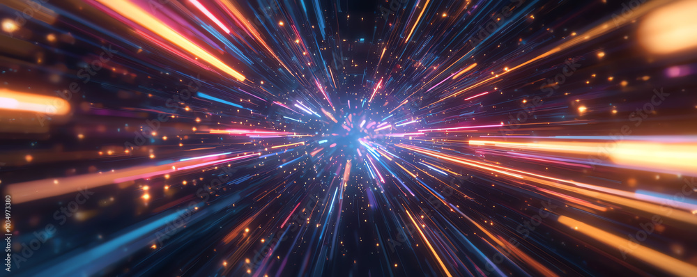 Space travel at light speed, radiant bursts of color, streaking neon lights, futuristic starfield effect, glowing vibrant hues, immersive motion blur, cinematic scene, copy space. Space travel at light speed, radiant bursts of color, streaking neon lights, futuristic starfield effect, glowing vibrant hues, immersive motion blur, cinematic scene, copy space.