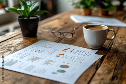 Business plan blueprint on a wooden desk with coffee and glasses, strategic planning concept