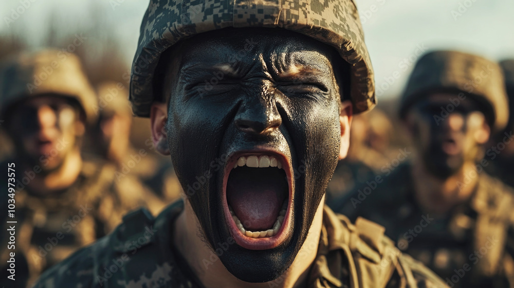 Intense soldier shouting with face paint and camouflage helmet in military drill
