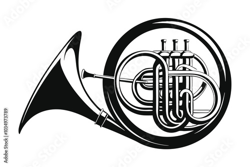 french horn black color white background B.eps