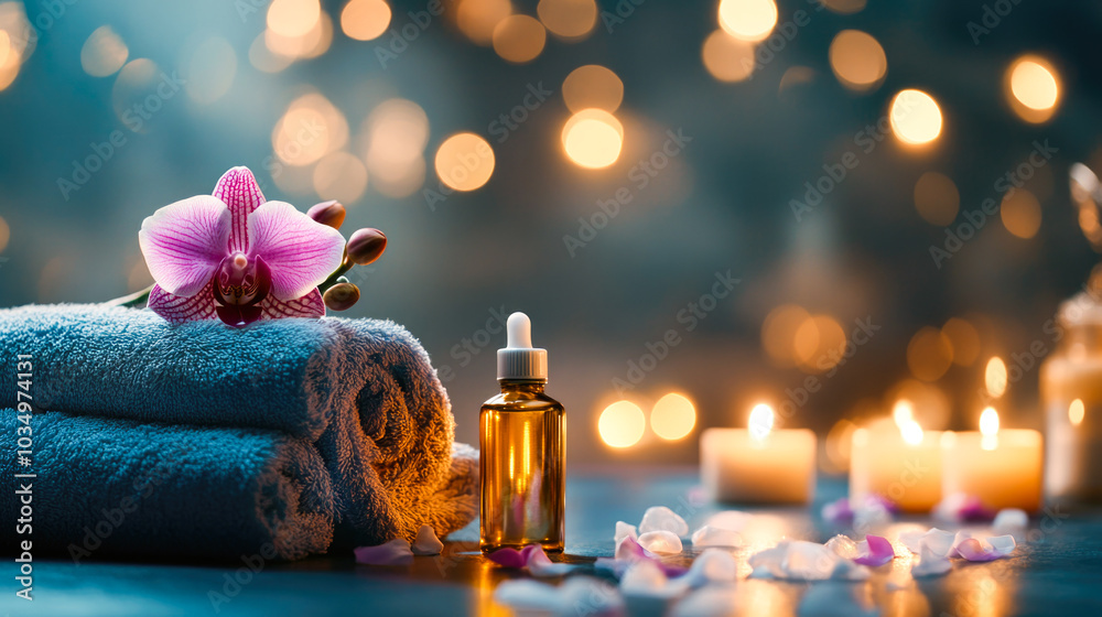 Serene spa setting with essential oil, towels, orchid, and candlelight for relaxation Serene spa setting with essential oil, towels, orchid, and candlelight for relaxation