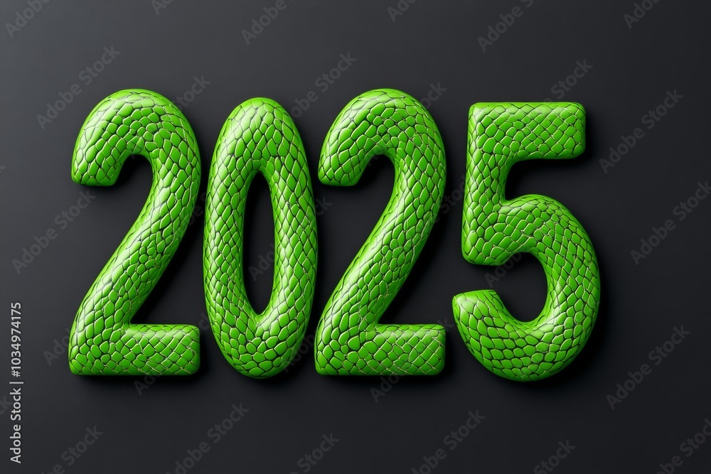 Green snake with the number 2025 written on it. The snake is made of green material and he is a stylized representation of the number 2025 Green snake with the number 2025 written on it. The snake is made of green material and he is a stylized representation of the number 2025