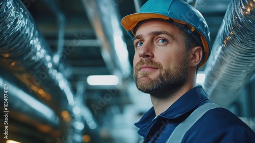 A young man in a hard hat and work clothes looks up thoughtfully in a factory setting.