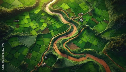 Aerial View of Lush Green Rice Fields with a Winding Canal, Showcasing the Precision of Sustainable Agriculture and the Natural Beauty of Rural Landscapes in Varying Shades of Green