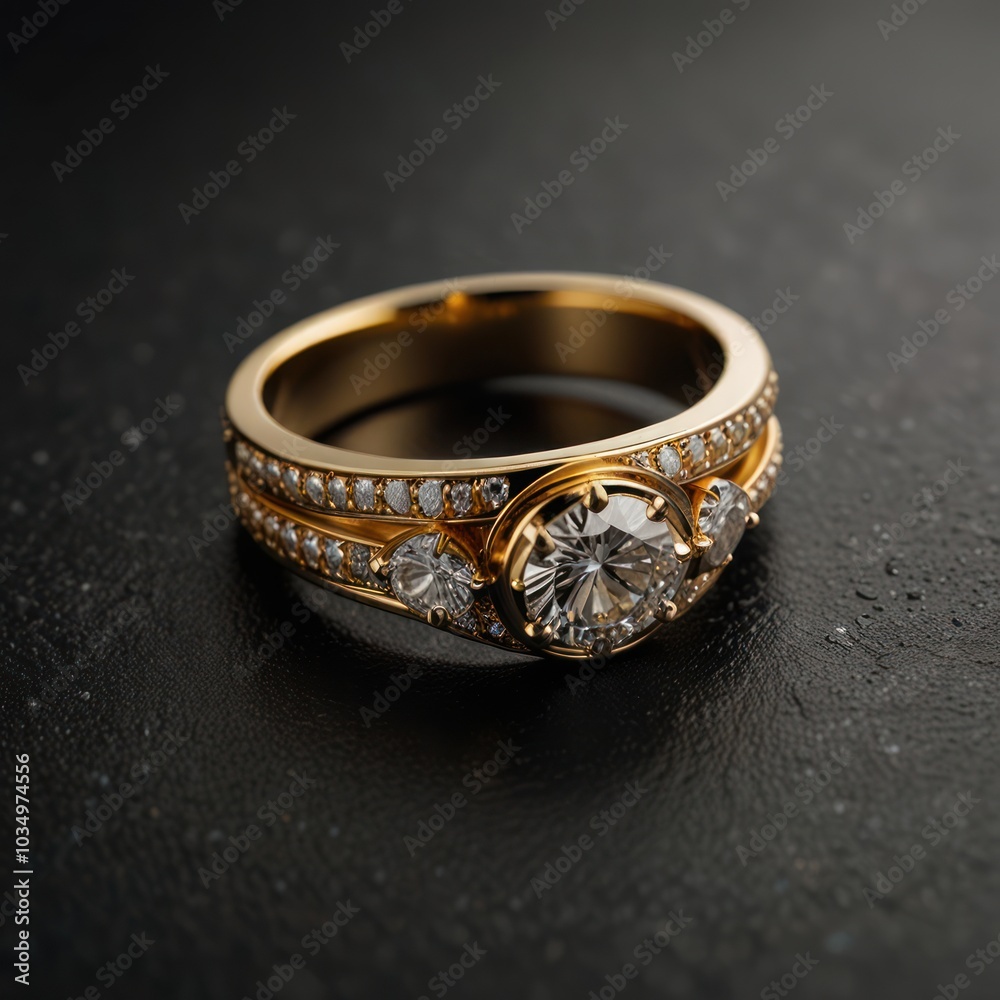 A close-up of a gold diamond ring on a black background. A close-up of a gold diamond ring on a black background.