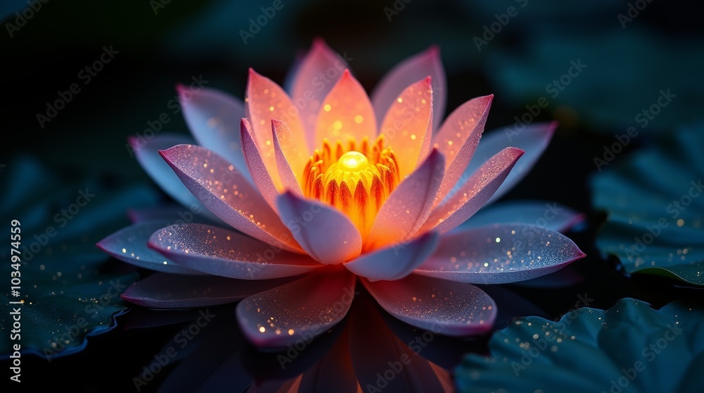 A delicate pink water lily blooms with a golden glow. A delicate pink water lily blooms with a golden glow.
