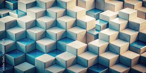 Vintage Style Photography of Repeating White and Blue Cubes in a Grid Pattern, Highlighting Depth and Structure with Soft Lighting for a Nostalgic Aesthetic