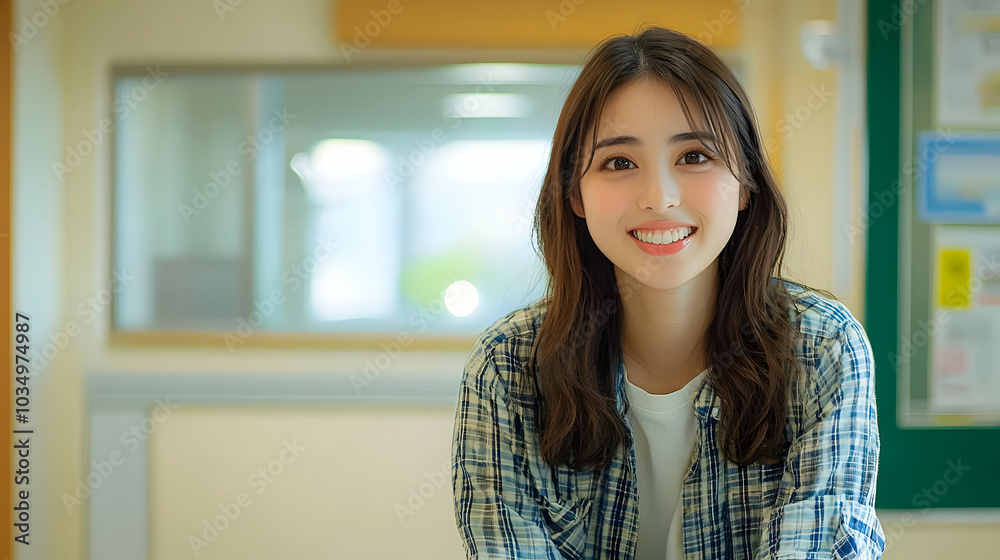 Smiling Young Woman in Plaid Shirt, Joyful and Confident, Expressing Positive Emotion in a School Setting Smiling Young Woman in Plaid Shirt, Joyful and Confident, Expressing Positive Emotion in a School Setting