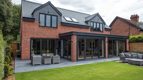 Modern brick house with a large patio and garden.