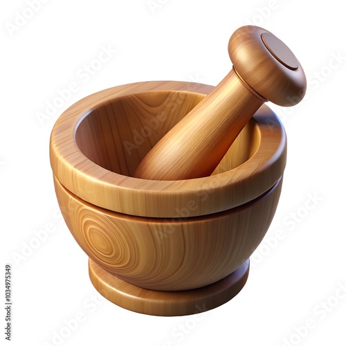 Wooden mortar and pestle 3D render icon isolated on white background