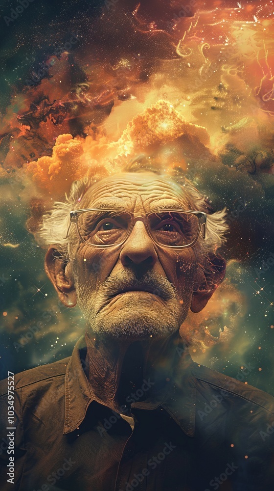 Elderly Man with Cosmic Background, Surreal Portrait of Wisdom and Imagination in a Dreamlike Universe Elderly Man with Cosmic Background, Surreal Portrait of Wisdom and Imagination in a Dreamlike Universe