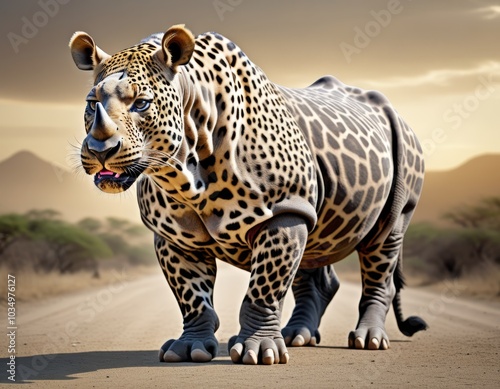 Hybrid animal between leopard and rhinoceros.