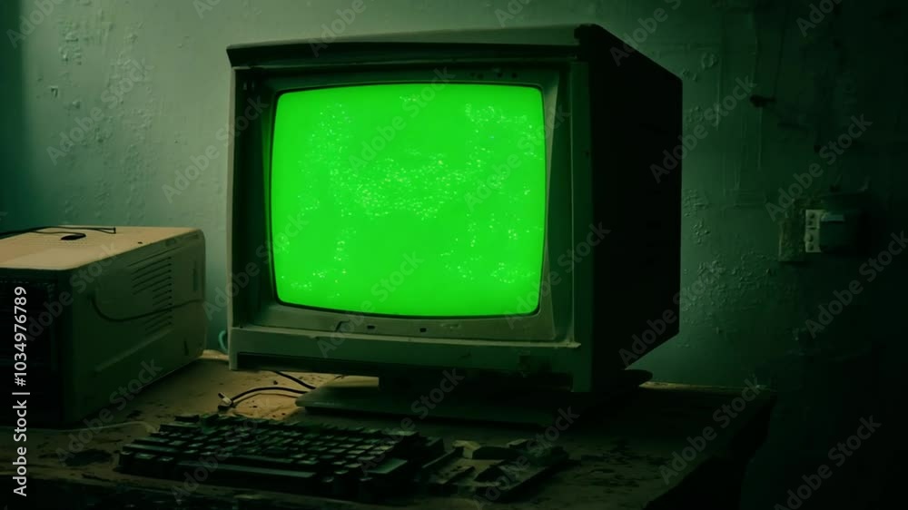 Vintage computer with a glowing green screen in a dark room, evoking a retro-futuristic atmosphere. The camera subtly moves, enhancing the mysterious and nostalgic vibe of old technology.