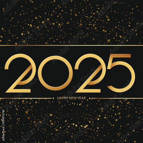 Elegant Gold 2025 Happy New Year Celebration Black Background. Vector
