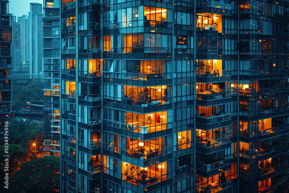 A high-rise building at night with many windows glowing with warm light. A high-rise building at night with many windows glowing with warm light.
