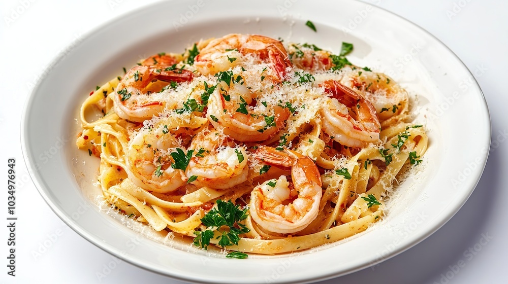 Italian pasta with shrimps beautifully arranged on a plate on a white table Italian pasta with shrimps beautifully arranged on a plate on a white table