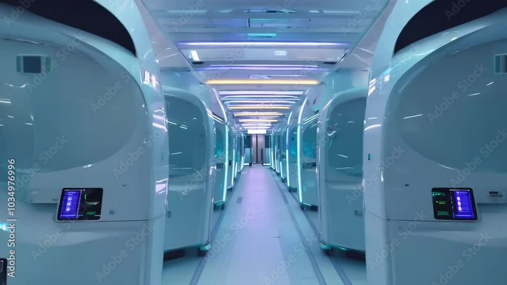 Futuristic corridor of a capsule hotel with neon lighting and long perspective, creating a technology and minimalist atmosphere. The camera moves smoothly along the capsules, emphasizing symmetry Futuristic corridor of a capsule hotel with neon lighting and long perspective, creating a technology and minimalist atmosphere. The camera moves smoothly along the capsules, emphasizing symmetry
