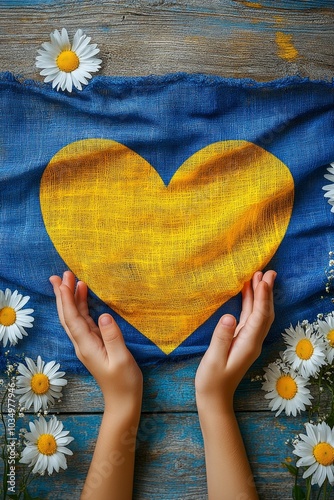 Two hands gently cradle a large heart symbol on a vibrant blue and yellow cloth, adorned with white daisies, showcasing Ukrainian pride and unity photo