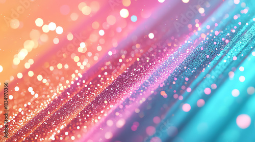 Iridescent beams of light in pastel shades, shooting across a soft, dreamy background, sparkling with rainbow highlights and holographic reflections.