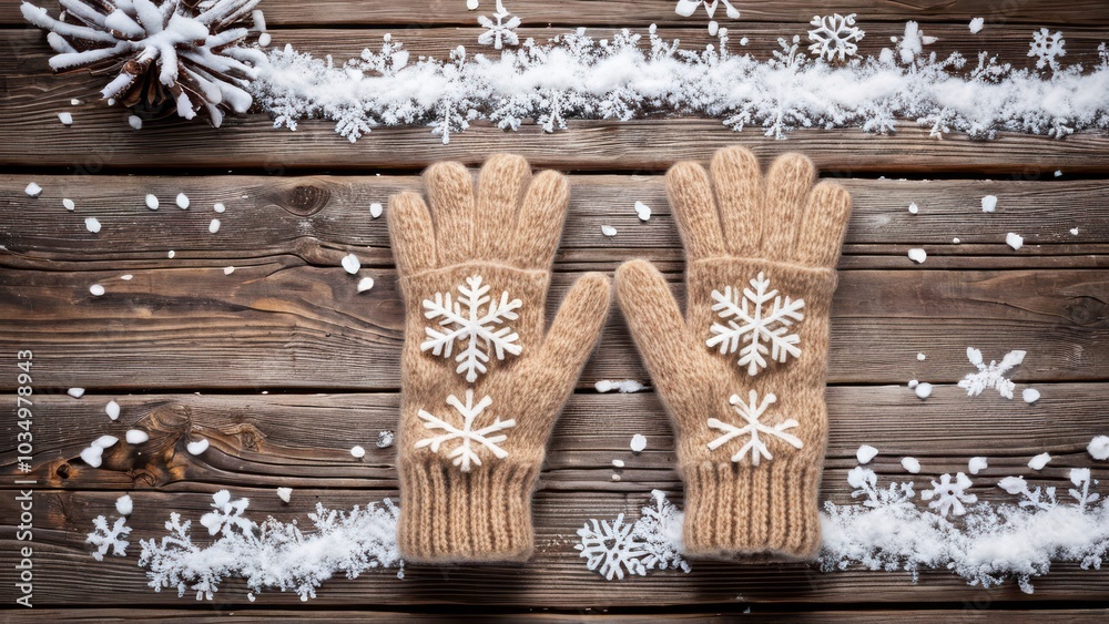 Fototapeta premium A pair of cozy wool gloves, neatly arranged on a rustic wooden surface, with snowflakes gently falling in the background