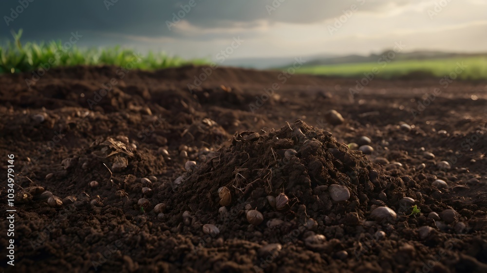 Rich fertile soil background with natural texture and organic particles for agricultural and gardening themes Rich fertile soil background with natural texture and organic particles for agricultural and gardening themes