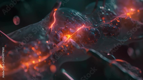 A detailed view of a cell phone with bright red and blue lights illuminating its screen, Nanomachines working in harmony within a human vein photo