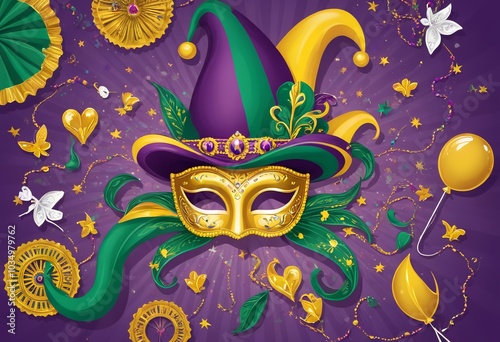 Colorful Mardi Gras mask with jester hat on festive background