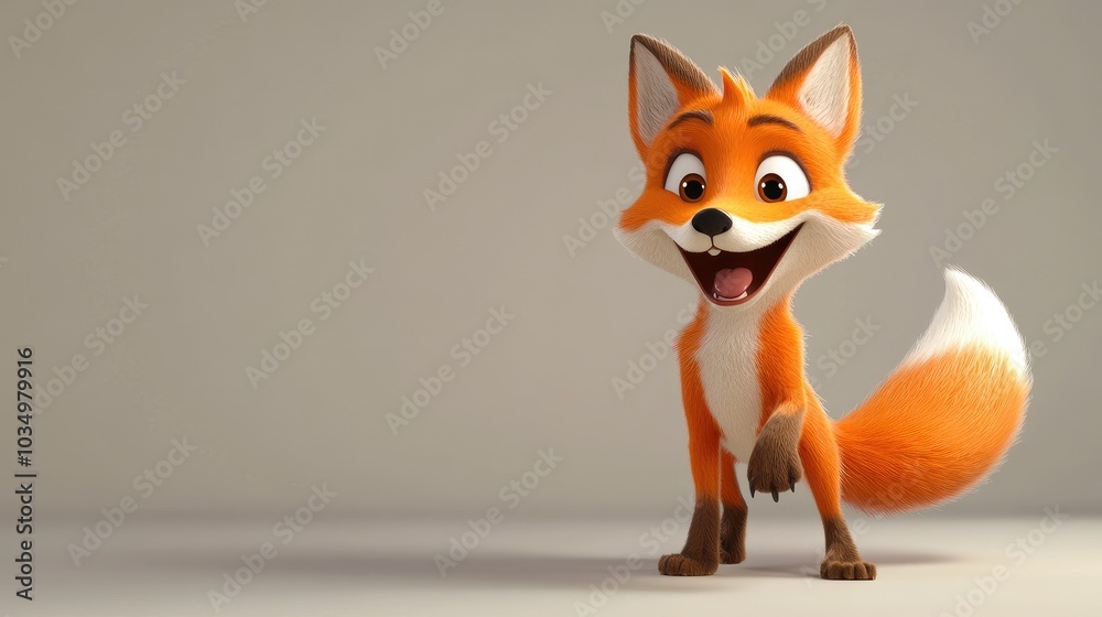 Obraz premium A cheerful 3D cartoon fox with big bright eyes and a friendly grin, standing playfully with its fluffy tail swaying
