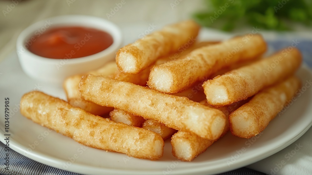 Delicious fried cassava with chili sauce ready to be served on a plate Delicious fried cassava with chili sauce ready to be served on a plate