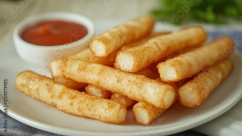 Delicious fried cassava with chili sauce ready to be served on a plate