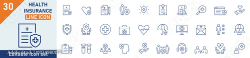 Health Insurance line icon set. Set of 30 outline icons related to insurance, assurance, protection, risk, biology, files, check and others. Vector illustration.