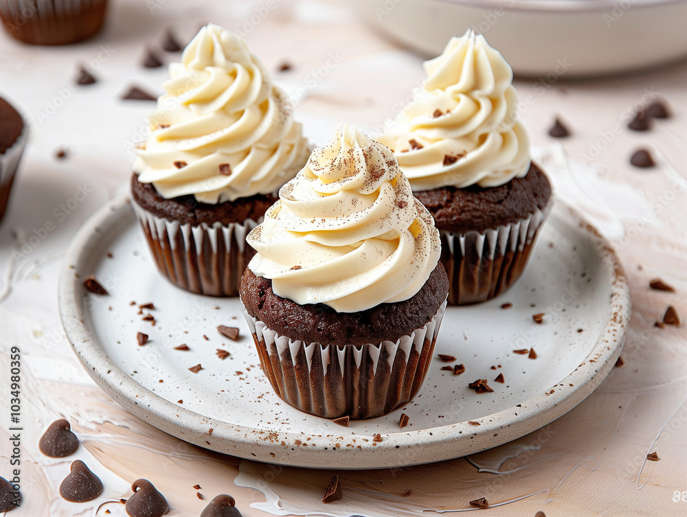 Sweet chocolate cupcakes covered with whipped cream frosting served on a round white plate Sweet chocolate cupcakes covered with whipped cream frosting served on a round white plate