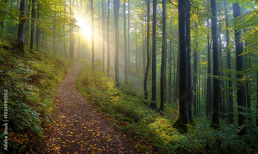 Obraz premium Beech forest, morning light on hiking path