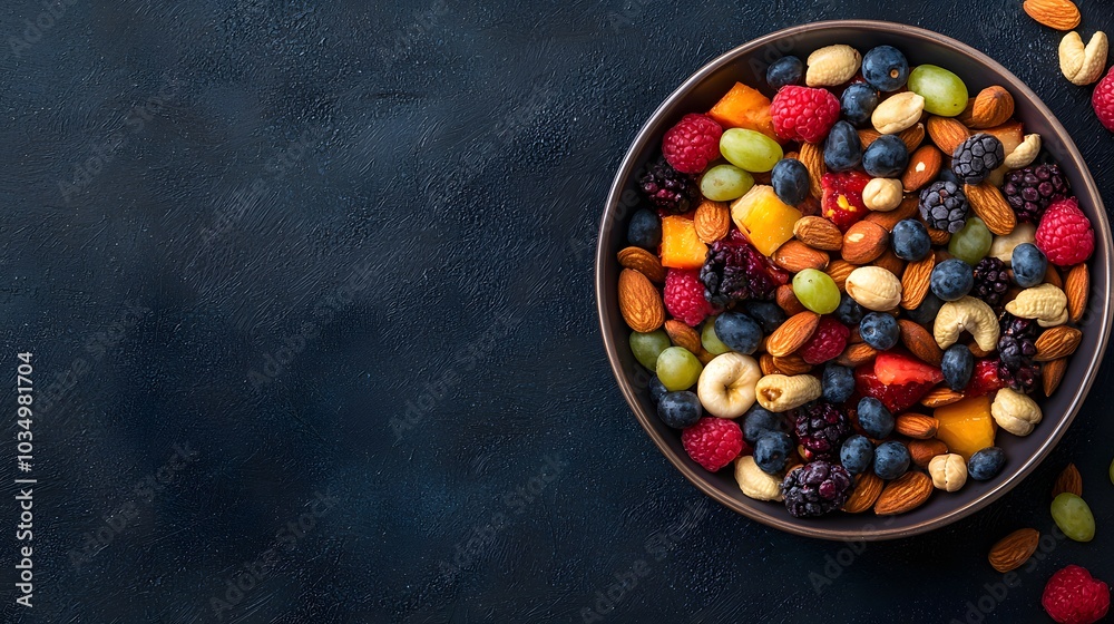 Vibrant Plate of Mixed Fruits and Nuts for a Healthy and Delicious Snack Experience. Healthy Food Concept Vibrant Plate of Mixed Fruits and Nuts for a Healthy and Delicious Snack Experience. Healthy Food Concept