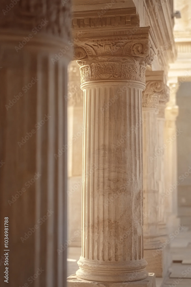 close up of ornate pillars in a roman style building with a soft golden light in the background. close up of ornate pillars in a roman style building with a soft golden light in the background.