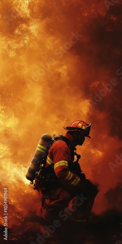 Brave Firefighter Battling Intense Blaze in Full Gear with Flames