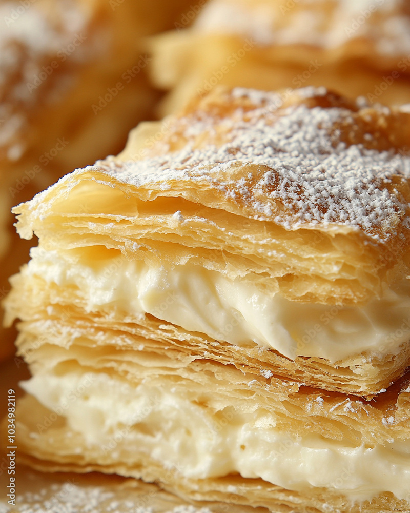 an extreme close-up, parallel horizontal front view, surface of a sliced mille-feuille, filling the entire frame with its intricate layers an extreme close-up, parallel horizontal front view, surface of a sliced mille-feuille, filling the entire frame with its intricate layers