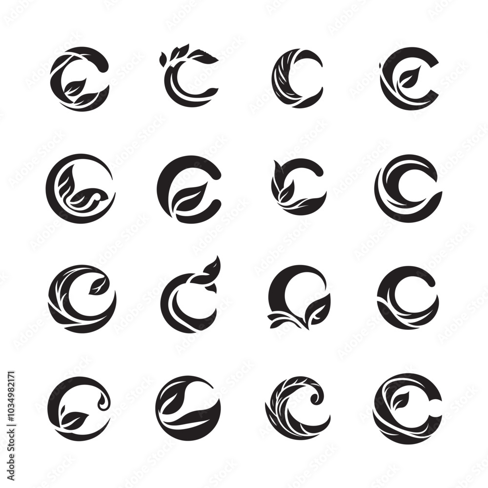 Creative Alphabet Letter C Silhouette with Leaf Shapes for Modern Nature-Themed Logo Design Sets Creative Alphabet Letter C Silhouette with Leaf Shapes for Modern Nature-Themed Logo Design Sets