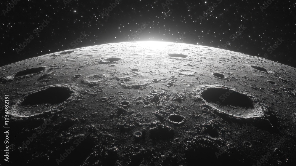 A close-up view of the moon's surface against a starry backdrop. A close-up view of the moon's surface against a starry backdrop.