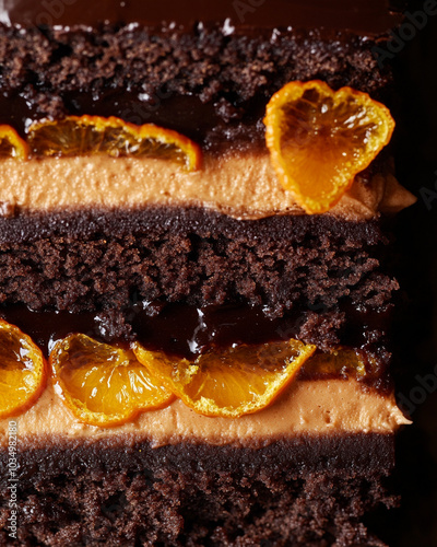 an extreme close-up, parallel horizontal front view, surface of a sliced dark chocolate orange cake, filling the entire frame with its intricate layers