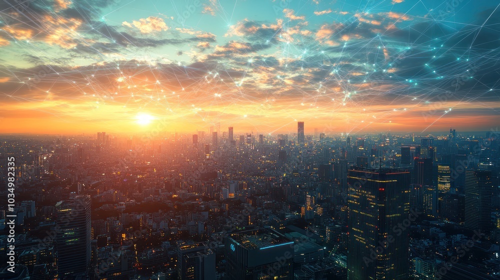 Obraz premium Cityscape with Sunset and Network Connections