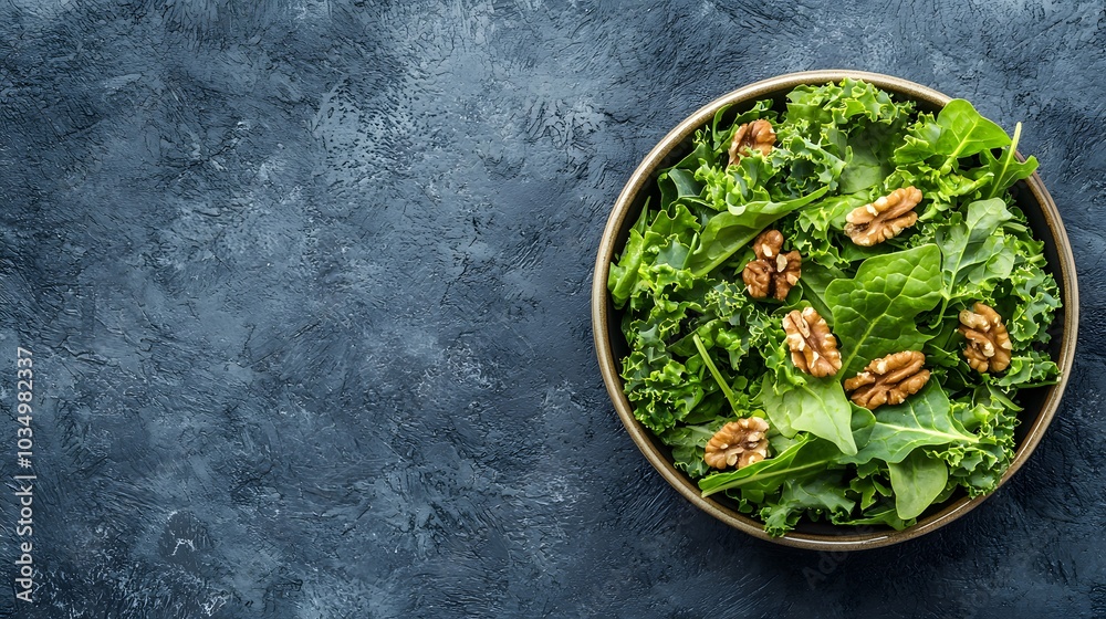 Deliciously Fresh Greens: Kale, Spinach, and Walnuts in a Vibrant Bowl of Nutritious Goodness. Healthy Food Concept Deliciously Fresh Greens: Kale, Spinach, and Walnuts in a Vibrant Bowl of Nutritious Goodness. Healthy Food Concept